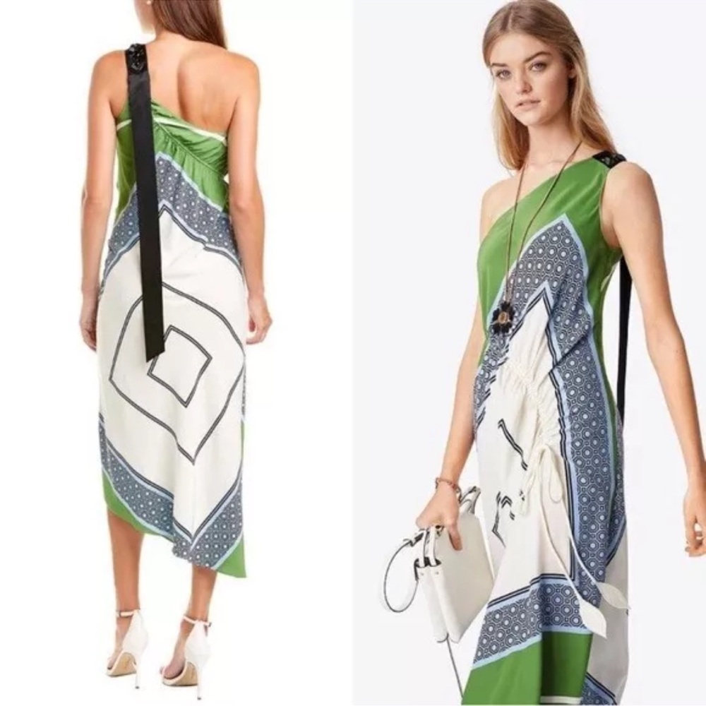 Tory Burch Green and Cream One-Shoulder Dress